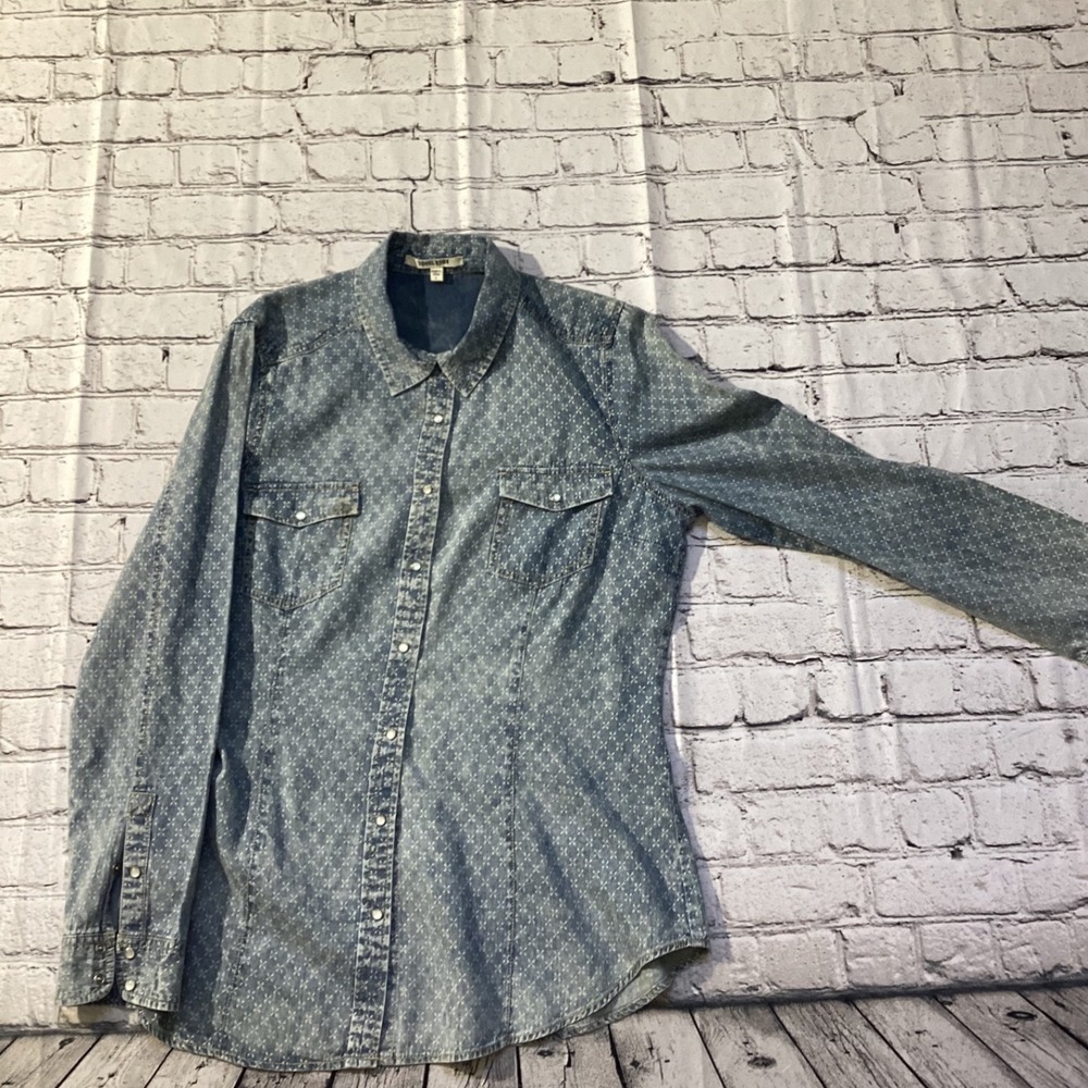 Daniel Rainn Blue Denim Snap Front Western Shirt Geometric Print Large